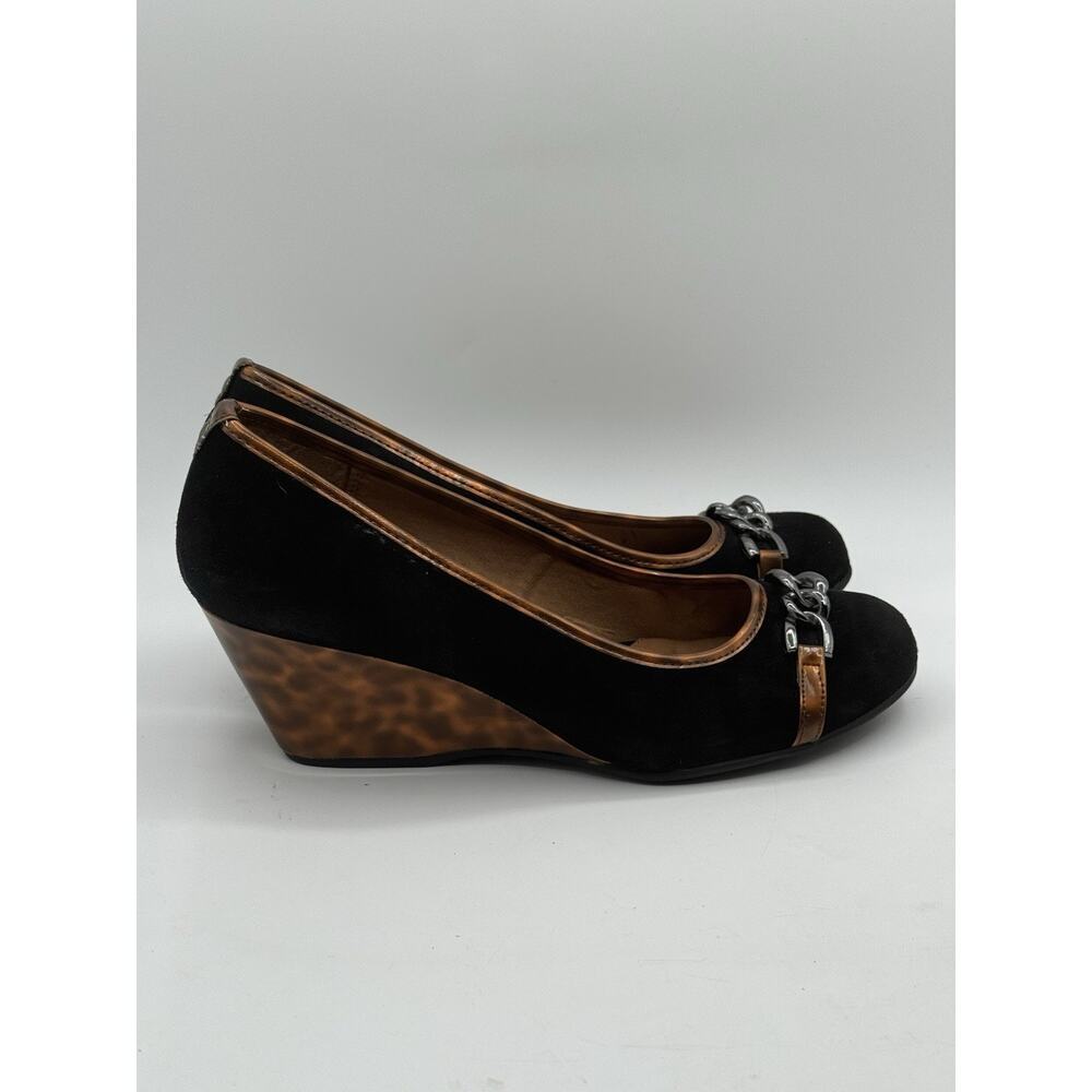 Black Suede Wedge Heels with Tortoiseshell Wedge and Chain Detail